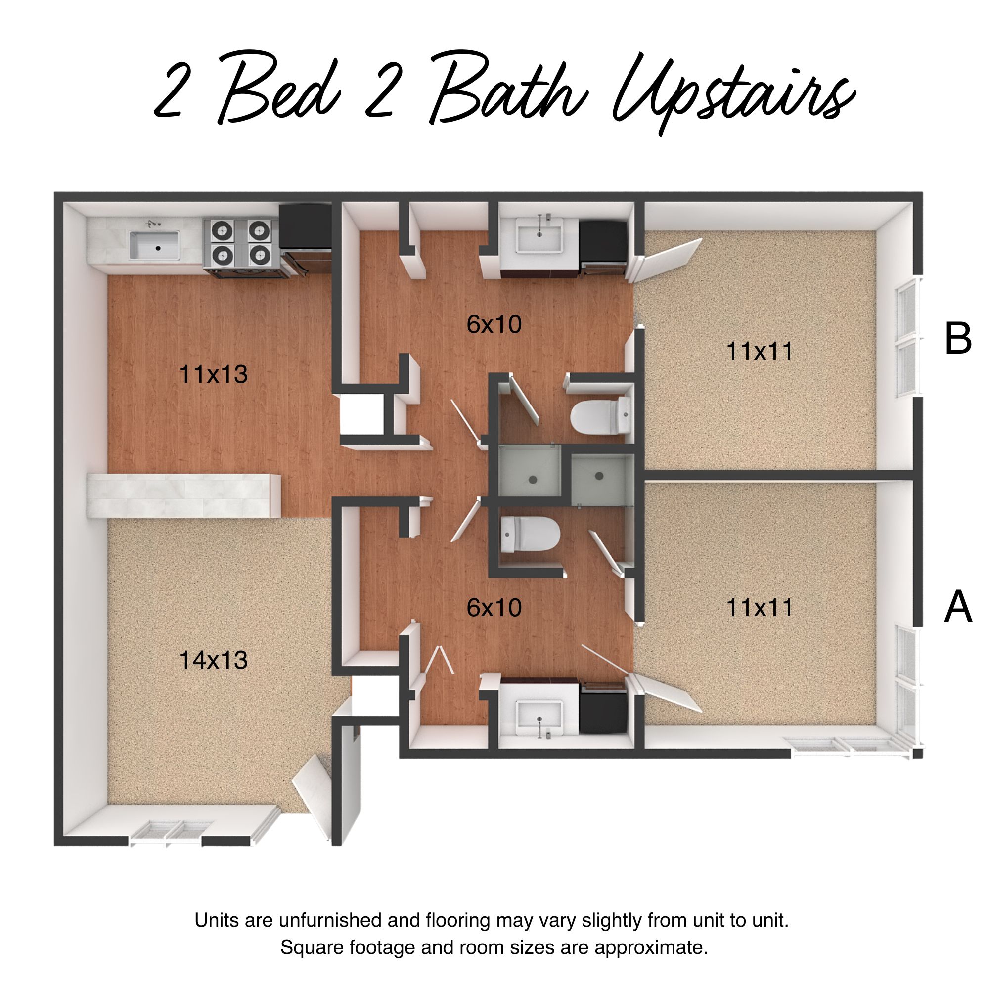 Floor plan for 2 beds, 2 baths, 1024 sqft